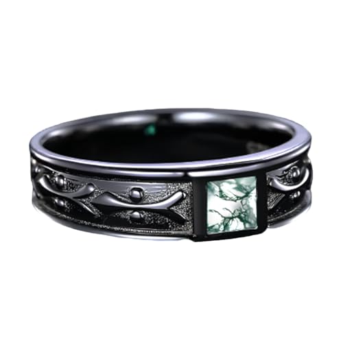Men's Moss Agate Ring Black Gold Plated Square Moss Agate Gemstone Genuine Ring for Men Engagement Valentine's Day Statement Promise Jewelry Gift2