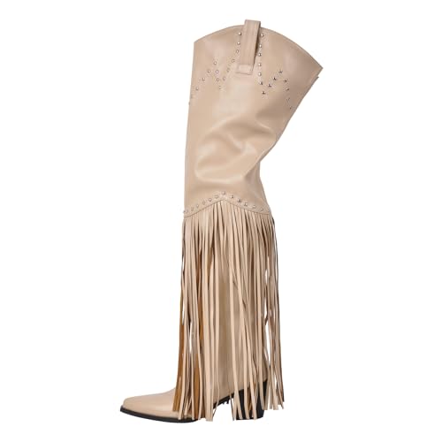 Image of richealnini Western Thigh High Cowboy Boots with Fringe Over Knee Wide Calf Cowgirl Boots