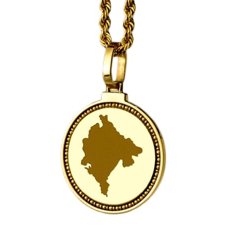 WORLD WIDE GEMS Pendentif rond en argent sterling 925, gravé d'une carte du Monténégro, 25 mm, plaqué or, bijou de voyage unisexe | WW_EGMP_0123