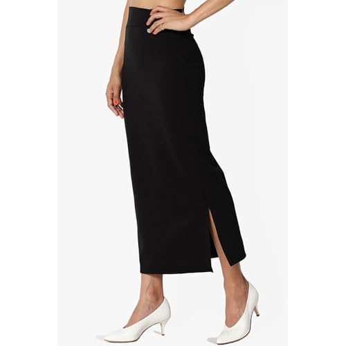 Side Slit High Waist Stretch Knit Mid Calf Long Pencil Skirt2