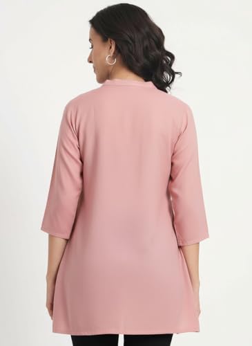 Image of Women's Roll-Up Sleeve Tunic Top, V-Neck with Button Front, Side Pockets, Rayon Short Kurti
