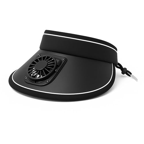 TIENDA EURASIA – Visera Ventilador | Plástico HDPE y Nylon | Negro | Medidas Cerrada 24x28 cm y Abierta 30x28 cm | 3 Velocidades Ajustables | Carga con Cable USB | Tela Protectora de Rayos UV UPF 50+