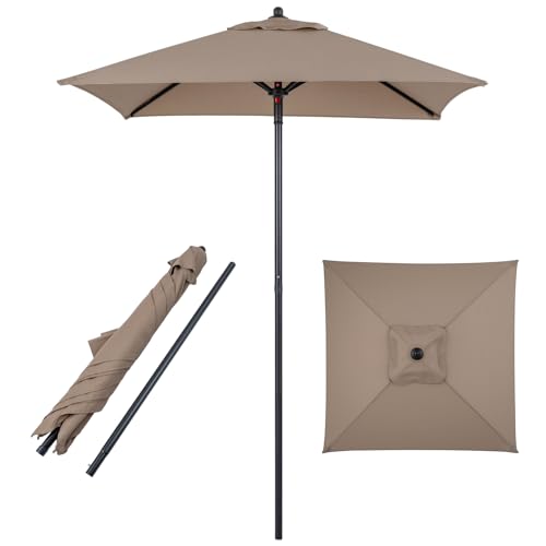 Tangkula 5 FT Patio Umbrella Outdoor Table Market Umbrella with Quick-Release Button 4 Sturdy Ribs Fade Resistant & Waterproof Canopy Sun-protective for Garden Poolside Backyard (Tan)