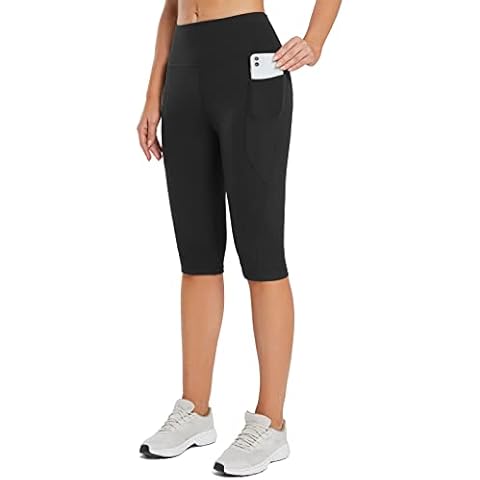 BALEAF Women's Capri Leggings with Pockets Cropped Trousers Knee Length Yoga Workout Pants Black M Cover