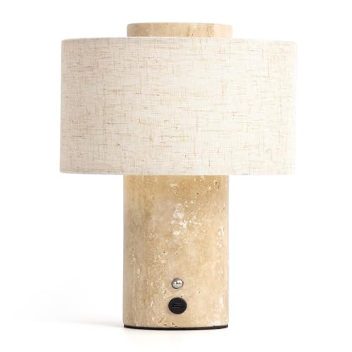 Marble Table Lamp, Rechargeable Cordless Bedside Lamp with Touch Control & Stepless Dimming, Linen Shade Decorative Lamp for Bed