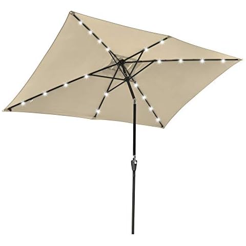 Ruication 2m x 3m Square Patio Parasol Umbrella With 20 Solar Powered LED Lights Hanging Sun Shade Crank Tilt Sun Shading Canopy for Garden Hotel Market Saloon Pool Side Beach Outdoor Beige Cover