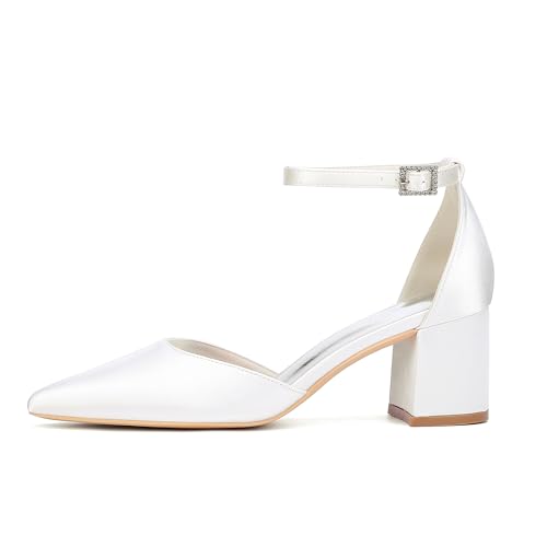 Women's Block Heels Satin Bridal Wedding Shoes CG2102-01 Pointed Toe Ankle Strap Court Shoes 2.36in/6cm2