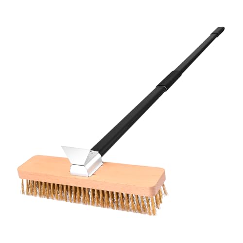 NUTUNI Cepillo para horno de pizza con rascador de acero, mango largo de aluminio extraíble, rasqueta para horno de pizza con cepillo de latón, 27 cm con mango largo de 94 cm o 134 cm