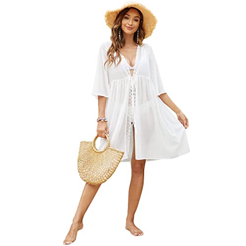 Couvrant Cache Maillot de Bain Femme Cover Up pour Bikini Cardigan Femme Été en Mousseline Kimono Plage Femme à Demies-Manches, Blanc, S Cover