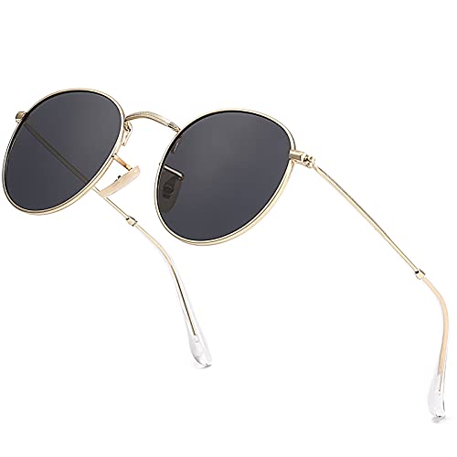 Dollger Small Round Polarized Sunglasses For Women Trendy Retro Metal Frame John Lennon Style Shades UV 400 Protection(Gold Frame/Grey Lens)