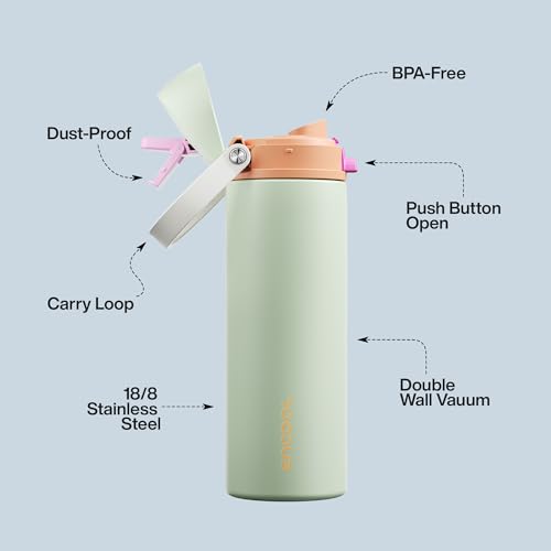 Image of Insulated Water Bottle with Straw - Encool Stainless Steel Water Bottle with Push Button Lid, Leak-Proof & BPA-Free, Keeps Cold for 24 Hours for Sports, Travel, Gym (24 oz, Geyser Green)