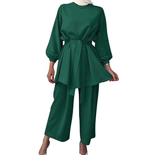 OBEEII Middle East Arabic Outfits for Womens Long Sleeve Top Wide Leg Pants Set Dubai Islamic Muslim Clothes Dark Green XXL