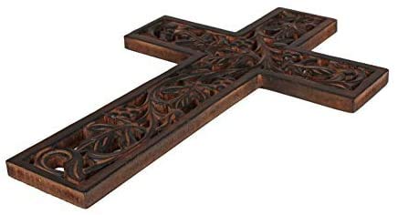 EARTHLY HOME Wooden Wall Cross Handmade Crucifix with Hand Carvings Cross for Baptism Gifts Hanging Ornament for Wall Decor and Church (12" L x 8" W -Dark Brown)