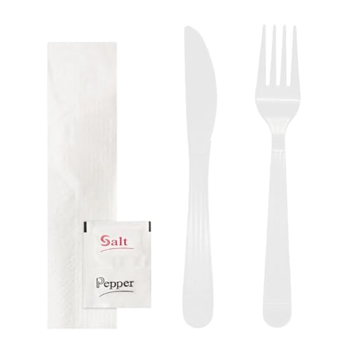 Party Essentials Individually Wrapped Heavy Duty Plastic Utensil Kits, 50 Sets for Party Catering, Fork/Knife/Napkin/Salt/Pepper, White