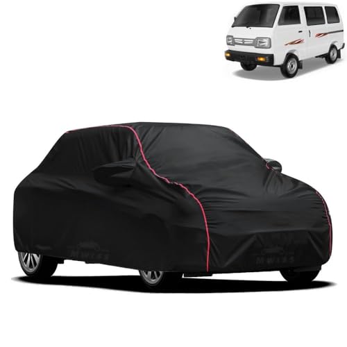 Image of Waterproof Car Cover for Maruti Suzuki Omini | All-Weather Protection, Dustproof & UV Resistant | Triple Stitched Mirror Pockets, Windproof Buckle Strap with Elastic Hem, Black-Red Piping