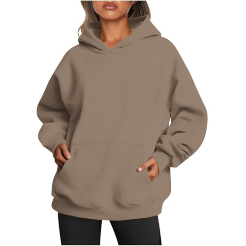 Sczwkhg Womens Hoodies Oversized Sweatshirts 2024 Pullover Fleece Shirts Long Sleeve with Pockets Outfits Fall Winter Clothes, A20 _Khaki, Medium