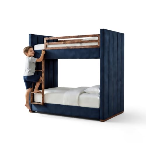 Image of STRATA FURNITURE Solid Wood Velvet Upholstered Bunk Bed with Ladder | Wooden Twin Over Double Bed for Bedroom Living Room and Home (Blue)