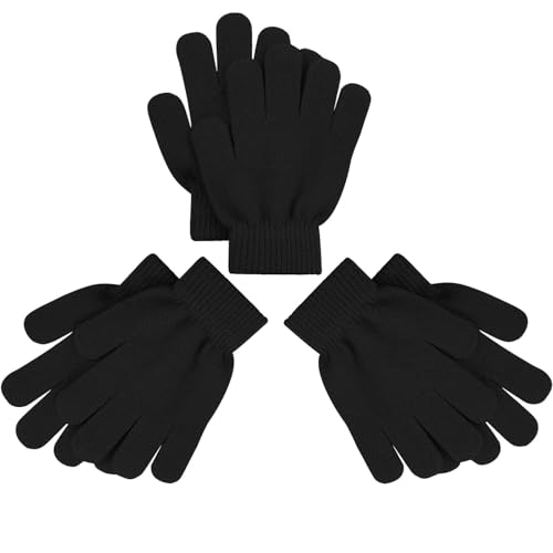 3 Pairs Magic Gloves Kids 3-12 Boys Girls Black Knit Gloves Warm Winter S