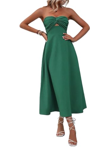 Image of SKAYS Womens Strapless Twist Knot Midi Dress Cutout A-line Tube Summer Cocktail Party Dress with Back Smock