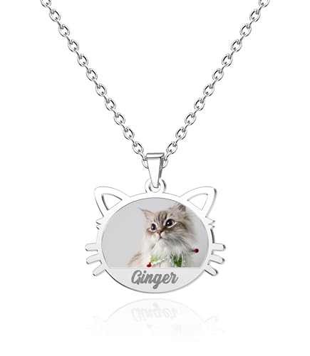 CharmSStory Cat Memorial Necklace Personalized Photo Necklaces Custom Engraved Name Necklace Picture Memory Keepsake Necklace Pendant Customized Gifts for Women Men