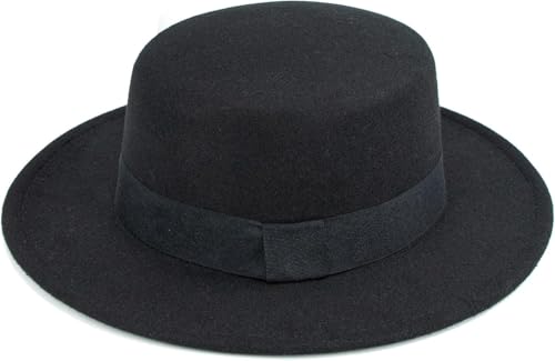 Wide-Brim Flat-Top-Pork-Pie-Hat Boater-Hat Felt-Panama-Fedora-Hat for Women Men Black