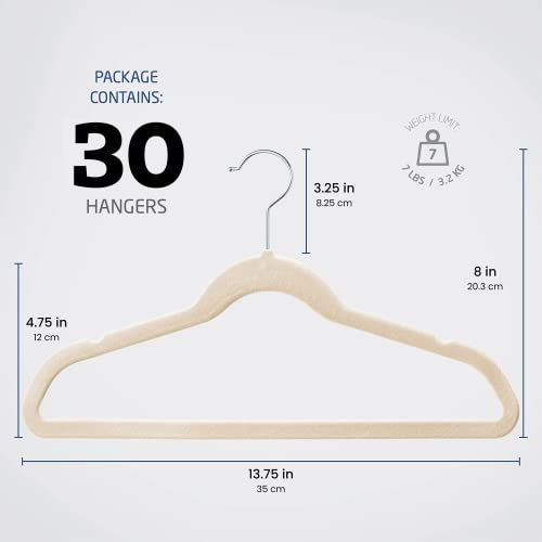 Zober Velvet Kids Hangers For Closet - Pack Of 30 Non Slip Childrens Hangers For Shirts, Pants & Dresses W/Swivel Hook - Durable Kids Clothes Hanger W/Notches - Small Hangers - Ivory #TOP5