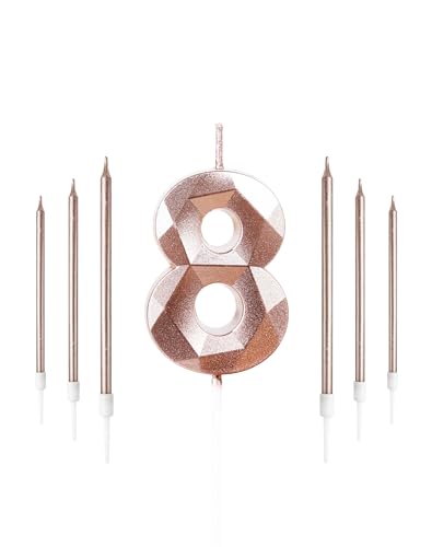 Rose Gold Birthday Candles Number 8 Candle with 6pcs Long Birthda