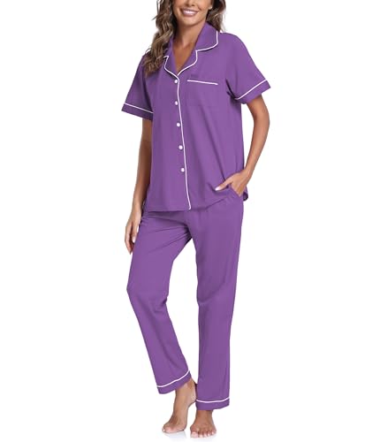 Image of CF Womens 100% Cotton Pajamas Set Button Down Pjs Sets Short Sleeve Top & Long Pants Sleepwear Comfy Loungewear with Pockets
