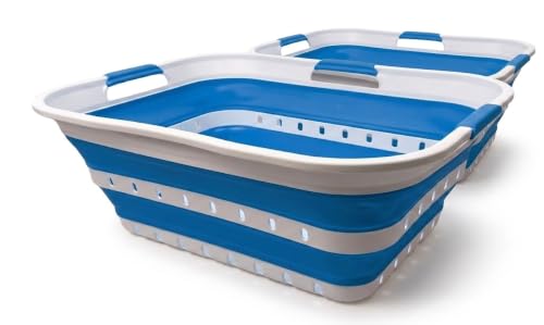 Image of SAMMART 42L (11 gallon) Collapsible Plastic Laundry Basket - Foldable Pop Up Storage Container /Organizer - Portable Basket - Space Saving Hamper /Basket (2, Wt /Classic Blue)