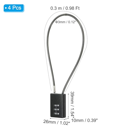Image of PATIKIL 4 Pack 3 Digit Combination Lock, Helmet Padlock Cable Lock Gym Locker Lock with 0.98Ft Flexible Security Steel Lock Wire for Bike Locker Travel Luggage, Black