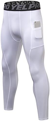Queerier Mens Compression Pants Active Athletic Leggings with Pockets Running Baselayer Tights Cycling Workout Pants A-White