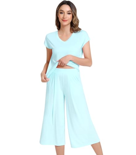 Image of NACHILA Women's Pajamas Sets Short Sleeve Sleepwear Soft Pjs Cool Loungewear with Capri Pants, Viscose made from Bamboo