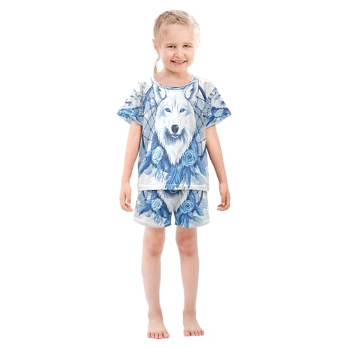 senya Short Sleeve Pajamas Sets Summer Cotton Sleepwear Blue Rose Dreamcatcher Wolf3