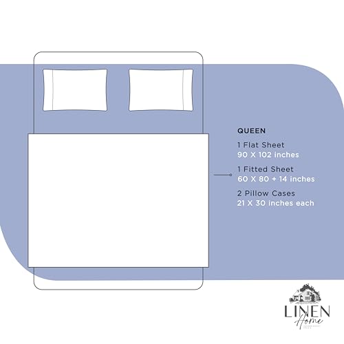 Image of Linen Home 100% Cotton Percale Sheets Queen Size, Dark Blue, Deep Pocket, 4 Pieces Set - 1 Flat, 1 Deep Pocket Fitted Sheet and 2 Pillowcases, Crisp Cool and Strong Bed Linen