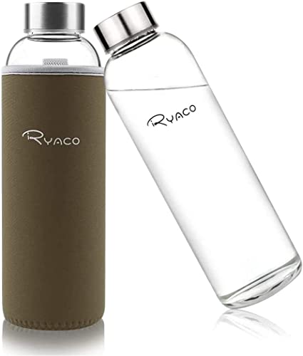Ryaco Bouteille d'eau en verre de 550ml/18oz sans BPA– Bouteille en borosilicate anti-fuite–Idéale pour maison, les voyages, le sport, le yoga, la gym, les boissons chaudes et froides avec