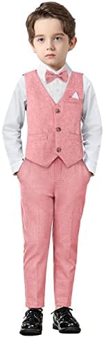 Boys Suit Set Kids Blazer & Pants Outfit, Kids Formal Suits Long Sleeve Shirts + Vest + Pants + Bow Tie 4PCS Child Tuxedos Outfits Pink