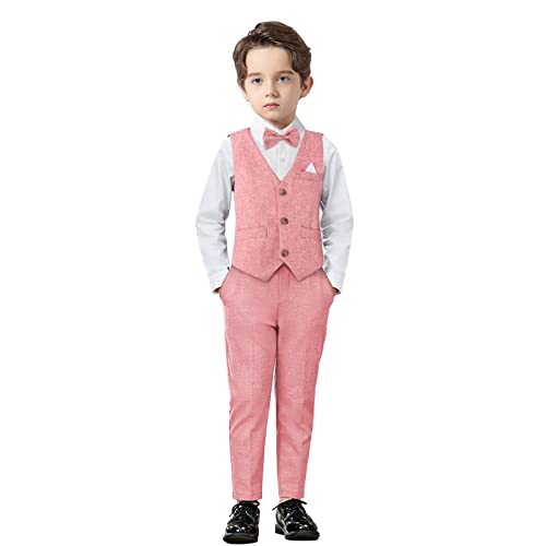 Boys Suit Set Kids Blazer & Pants Outfit, Kids Formal Suits Long Sleeve Shirts + Vest + Pants + Bow Tie 4Pcs Child Tuxedos Outfits Pink #TOP16