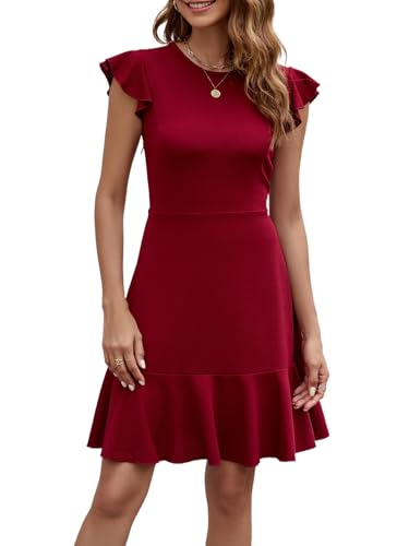 Image of HELYO Women's Summer Elegant Cocktail Club Dress Ruffle Hem Short Flutter Sleeve Flowy Wedding A-Line Casual Dresses 619