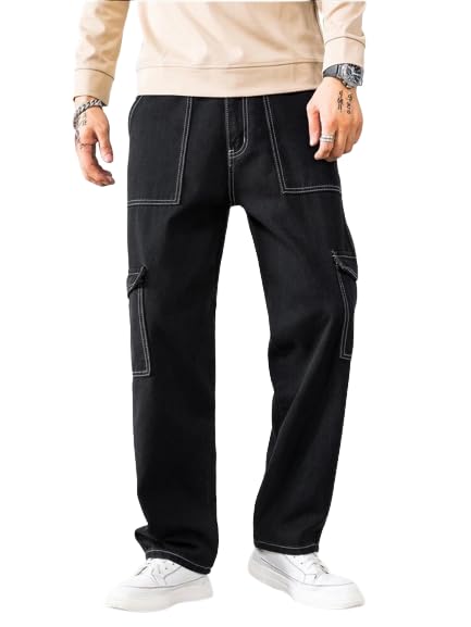 Mens Cargo Pants Casual Joggers Athletic Pants Cotton Loose Straight Sweatpants - Black