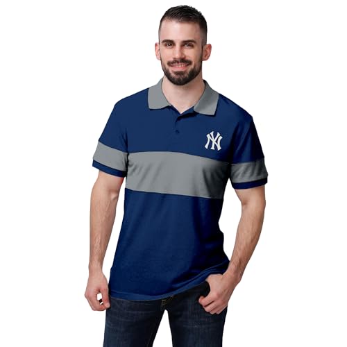 FOCO MLB Men's Officially Licensed Baseball Team Color Primary Logo Performance Short Sleeve Cotton Polo Shirt - New York Yankees - Navy - Large