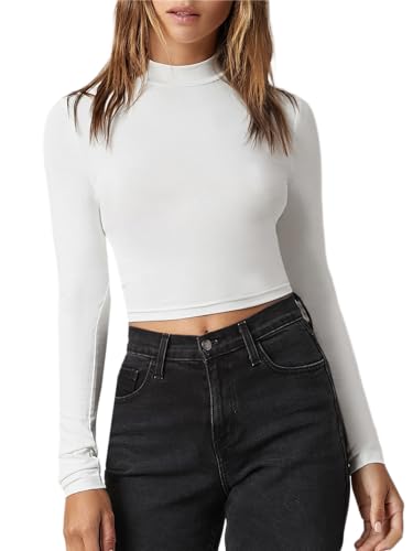 Verdusa Women's Mock Neck Long Sleeve Basic Fitted Crop Tops Solid