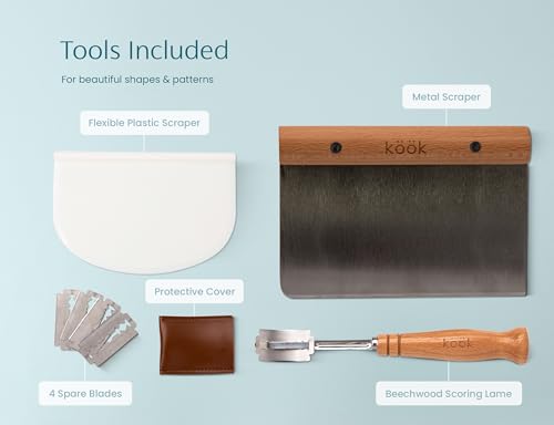 Image of Kook Banneton Bread Proofing Set, Artisan Sourdough Bread Making Kit, 9.8 Inch Rattan Baskets and Liners, Metal & Plastic, Scrapers, Scoring Lame & Case, 4 Extra Blades, Set of 2, Oval