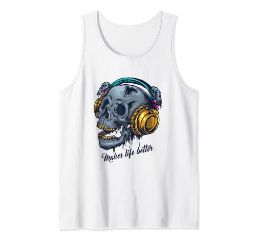 Calavera de música con auriculares de arte impresionante Techno Camiseta sin Mangas