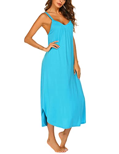 Ekouaer Full Length Nightgown Sleeveless Rayon Sleep Dress Slip Dark Blue Night Dress Plus Size #TOP5