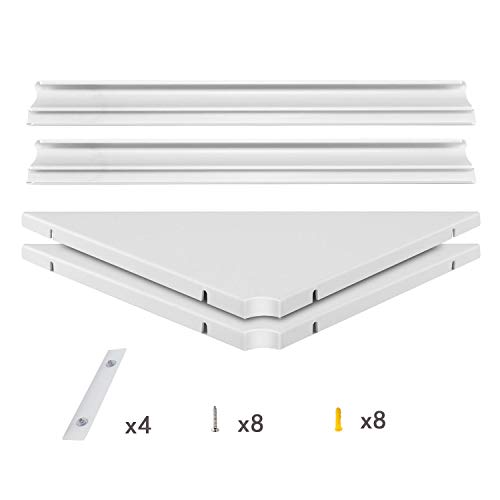 evron Wall Mount Corner Shelf,Easy to Install Metal Front Floating Corner Shelves with Self-Adhesive Tapes,Wood Imitation Corner Shelf with Wire Pass Hole Pattern(White 2 Pack)