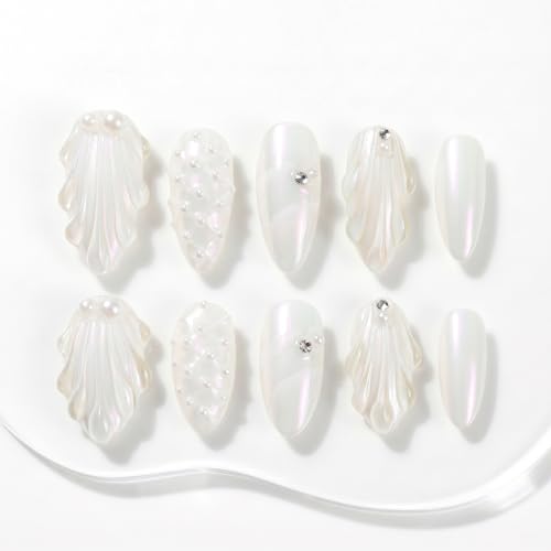 Sun&Beam Nails Handmade Press-on Medium Long Amlond White Sweet Pearl Rhinestone Design Fashion False Nail Tips 10 Pcs Set (#030 XS)