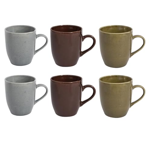 Set of 6 Reactive Glaze Coffee Mugs - Green Brown Grey Blue Tea Cups Latte Cappuccino Hot Chocolate - 330ml Contemporary Design Durable Stoneware Mug Set Olive Gloss Speckled