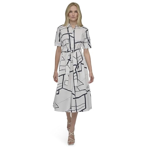 Image of DKNY Women's Short Sleeve Cotton Poplin Collared Midi Shirtdress