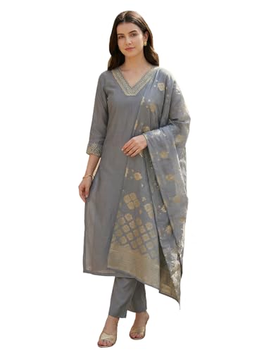 Image of INDO ERA Women's Viscose Self Design Straight Kurta with Pant & Dupatta Set