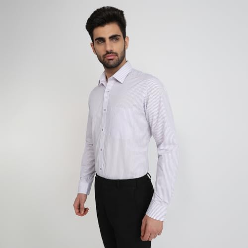 Image of Raymond Men Slim Fit Stripe Pattern Pure Cotton Semi Cutaway Collar Full Sleeve Formal Shirt